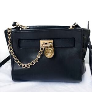 Michael Kors Hamilton Travel Mini Crossbody |  Black Leather | Gold Chain Accent